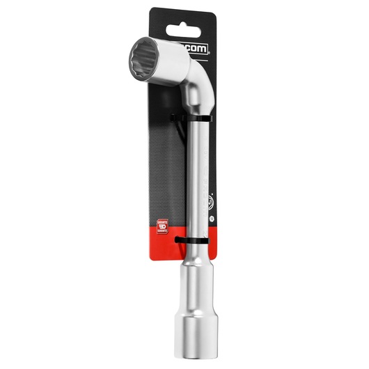 Photo of Facom 76_22PB_P2 pipe wrench 22mm, silver finish, L-shape, on retail packaging, front angle.