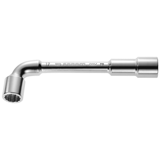 Facom 76_27 chrome angled box wrench, photography of tool on white background, side view.