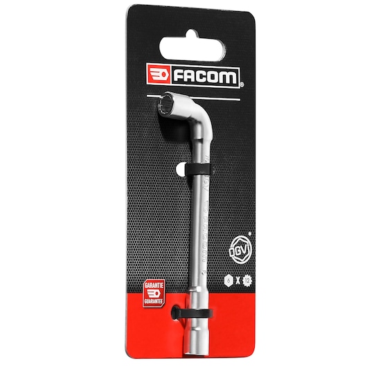 Facom 76_6PB_P2 6mm L-shaped pipe wrench, silver finish, front angle, attached to branded packaging.