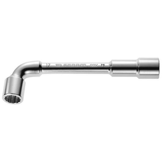 Photo of Facom 76_9 chrome-finish L-shaped socket wrench, side angle on white background, tool category.