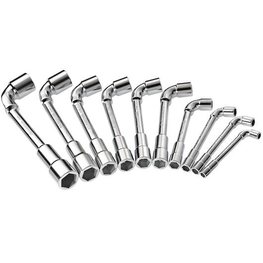 Facom 76JN10 set of ten chrome-plated offset socket wrenches arranged in a line, photographed on white background.
