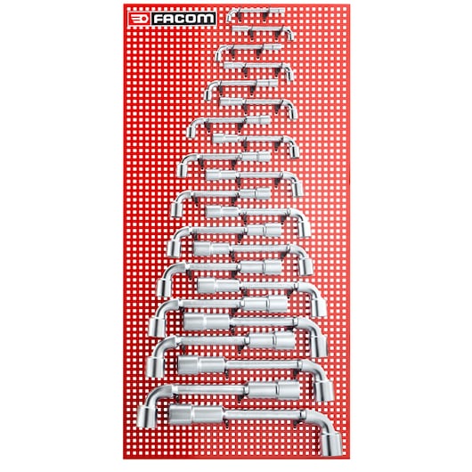 Facom socket wrench set 76P22M displayed on red pegboard, top view photography.