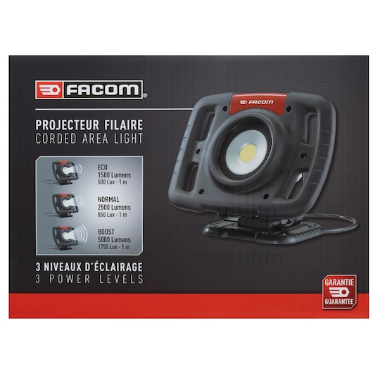 Facom 777_SPOTBT corded area light box front, shows black and red work light with three power levels.