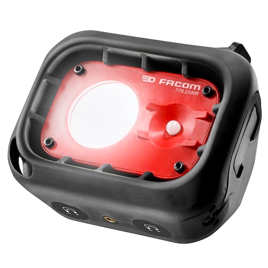 Facom 779.2500RPB portable work light, red and black, front angle on white background.