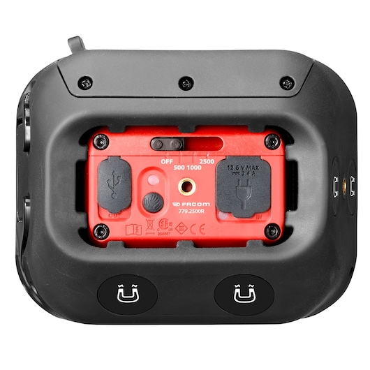 Photo of Facom 779.2500RPB portable power supply, top view showing ports, control dial, and magnetic bases.