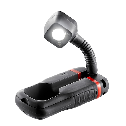 Facom 779_PCBPB flexible LED work light, black and red, shown from side on white background.