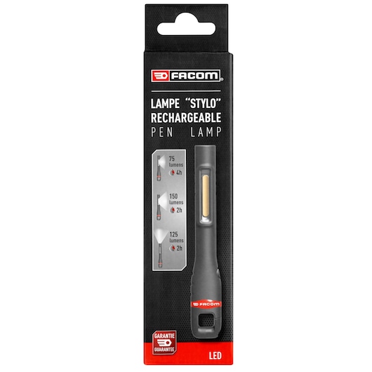 Photo of Facom 779_PEN2PB rechargeable pen lamp in black packaging, LED light, front angle.