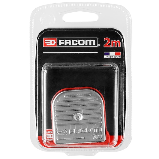 Photo of Facom 800A.216PB compact metal tape measure 2m in retail packaging, front angle on white background.