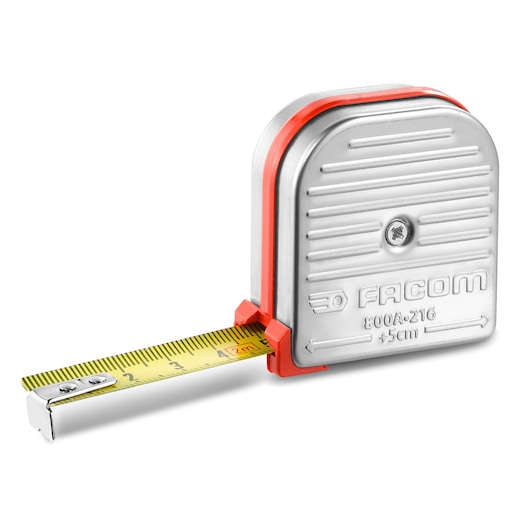 Facom 800A_216 metal tape measure with yellow blade, front angle, photography.