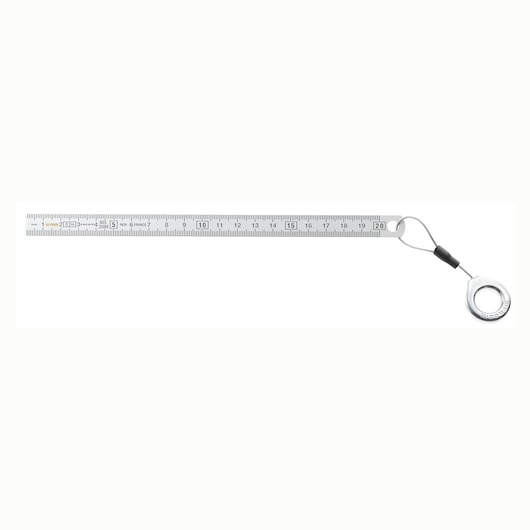 Facom 803_200MSLS stainless steel ruler with lanyard, 20 cm, top view on white background.