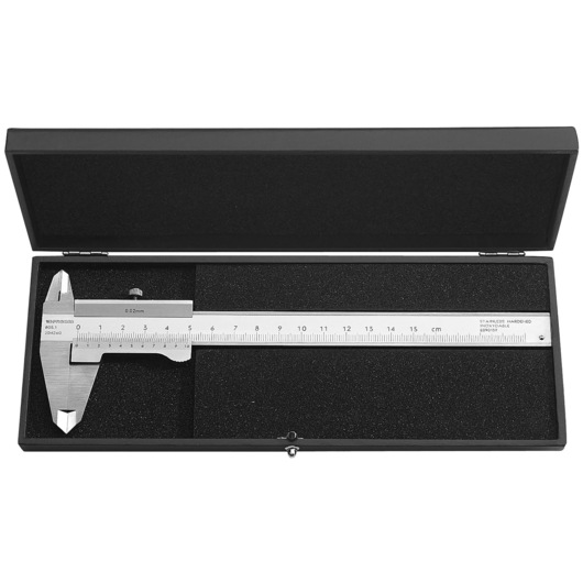 A stainless steel vernier caliper placed in a black foam-lined protective case with the lid open.