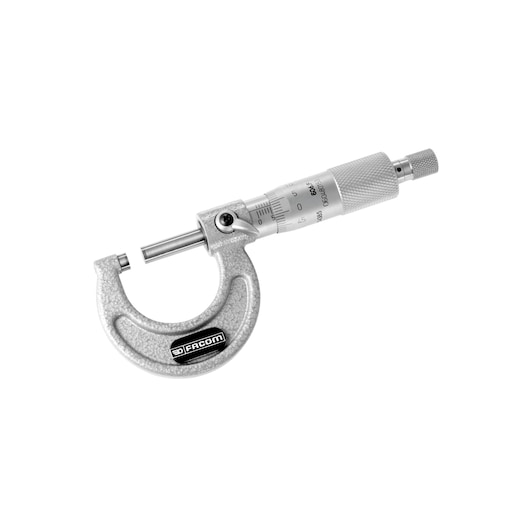 Facom 806F micrometer, silver metal tool side view on white background.