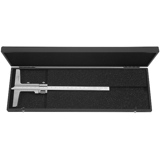 A metal depth gauge caliper in a black protective case with foam padding, used for precision measurements.