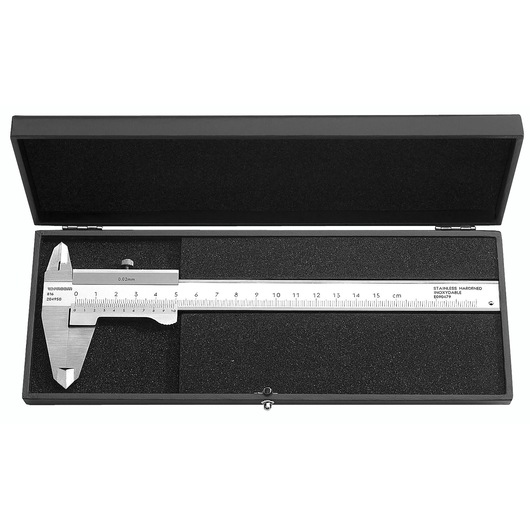Facom 816 stainless steel caliper in black foam-lined case, top view on white background.