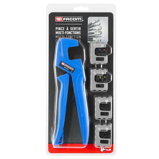 Facom multi-function crimping pliers set with blue handles and four interchangeable jaws in retail packaging, 819832PB, photography, front angle.