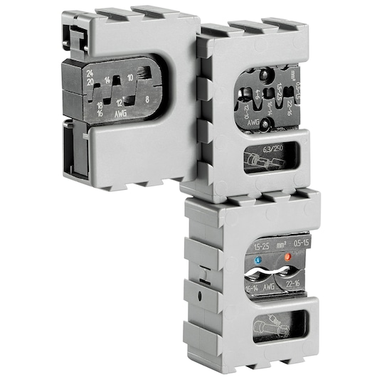 Facom 819832 interchangeable crimping dies set, grey metal, for electrical connectors, angled view on white background.