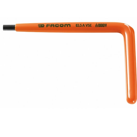 Photo of Facom 83_4AVSE insulated hex key, L-shaped, orange coating, black hex tip, white background.