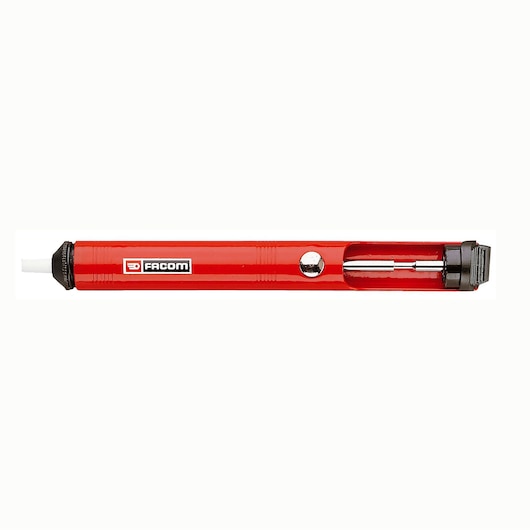 Facom 839A_0 red desoldering pump with black nozzle and button, photography, side view on white background.