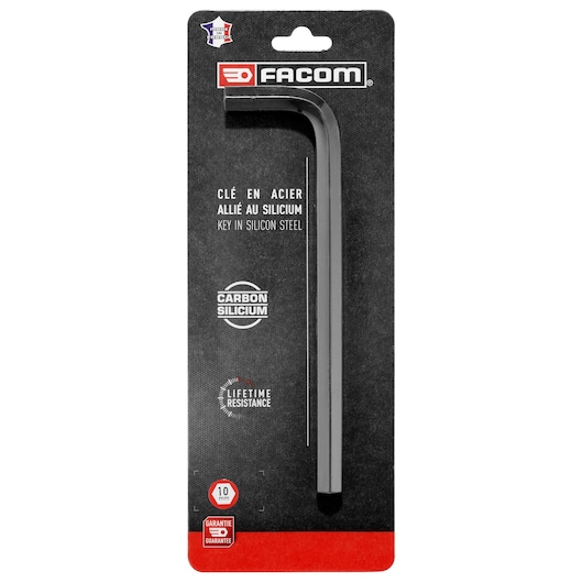 Facom METRIC_LONG_HEX_KEYS_10MM L-shaped silicon steel hex key, black, front packaging view.