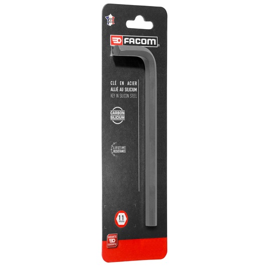 Facom 11mm metric long hex key in black silicon steel on retail packaging, front angle.