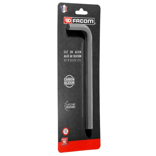 Facom HEX_KEYS 83H_12PB_P2 L-shaped hex key in silicon steel on black and red packaging, front angle.