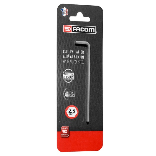 Photo of Facom 83H_2_5PB silicon steel hex key, 2.5 mm, in black and red blister packaging, front angle.