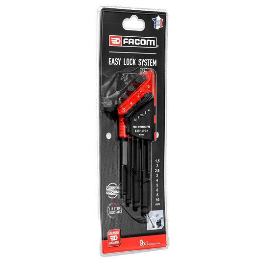 Photo of Facom 83SH.JP9BPB hex key set with black and red handles, nine pieces in plastic packaging, front angle.