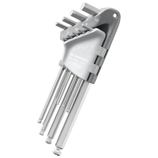 Facom 83SHST_JP9A hex key set in stainless steel holder, angled view on white background.