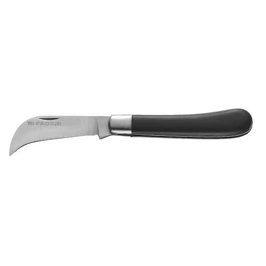 Facom 840B grafting knife with curved steel blade and black handle, side view, white background.
