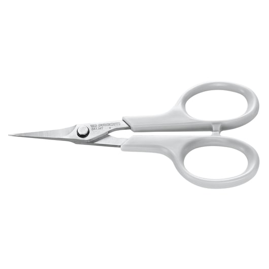 Facom 841_MT precision scissors with sharp stainless blades and white handles, side view.