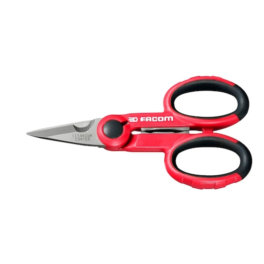 Photo of Facom 841A_4 red and black titanium coated scissors, ergonomic handles, side view, white background.