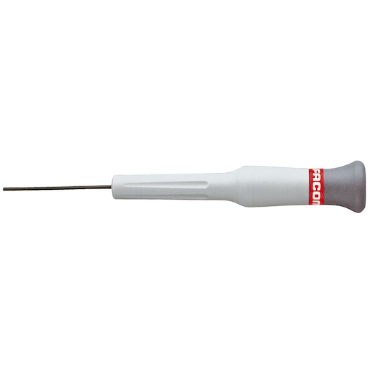 Facom precision screwdriver 84E_1_3X35 with white handle and thin metal shaft, side view on white background.