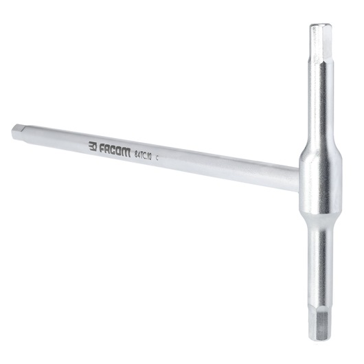 Photo of Facom 84TC_10 T-handle hex key, silver metal, product side angle on white background.