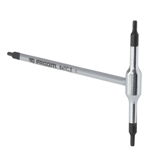 Facom 84TC_2 silver T-handle Torx key tool, front angle, black tips, on white background.