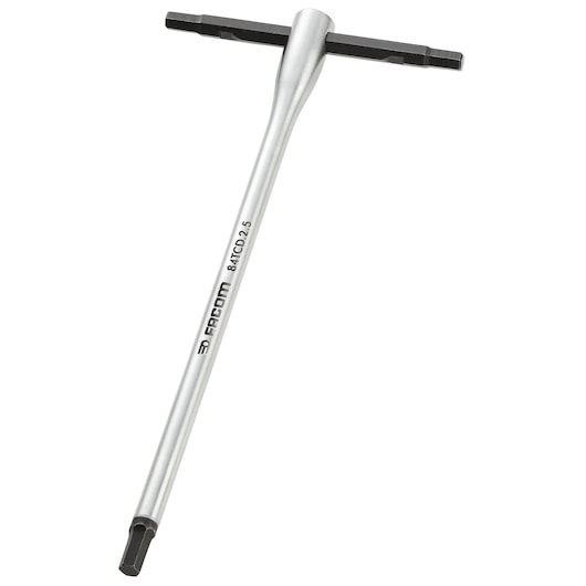 Facom 84TCD_2_5 T-handle Torx key with silver shaft and black tips, photography, front angle.