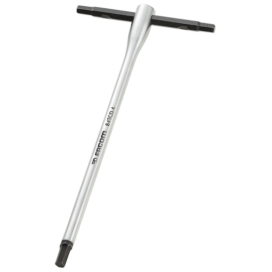 Facom 84TCD_4 T-handle silver hex key with black ends, product photo on white background.