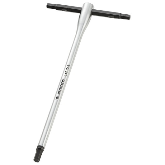Photo of Facom 84TCD_6 T-handle hex key with silver shaft and black hex tips, front angle on white background.