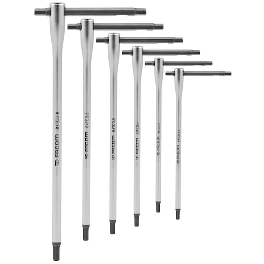 Facom 84TCD_J6 T-handle hex key set, six silver keys with black tips lined up on white background, product photography.