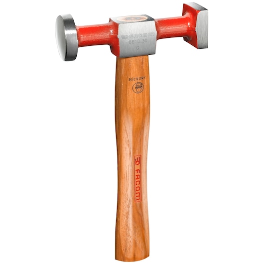 Facom 861D_30 machinist hammer with red head, square and round faces, wooden hickory handle, front angle.