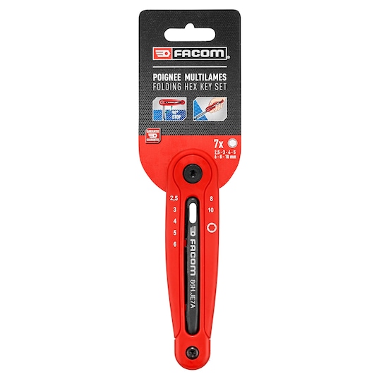 Facom 86H_JE7APB folding hex key set, red and black, seven keys with size markings, front view on white background.