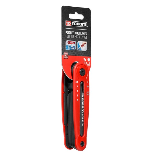 Photo of Facom 86H_JE7APB folding hex key set with red handle, seven black hex keys, packaging visible, front angle.