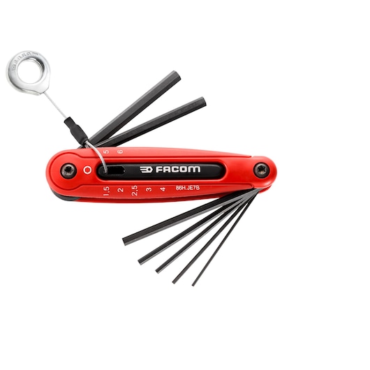 Facom red hex key set with seven black fold-out keys, white background, SKU 86H_JE7ASLS.