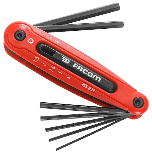 Facom 86H_JE7B red folding hex key set photography, side angle showing extended keys and size markings.