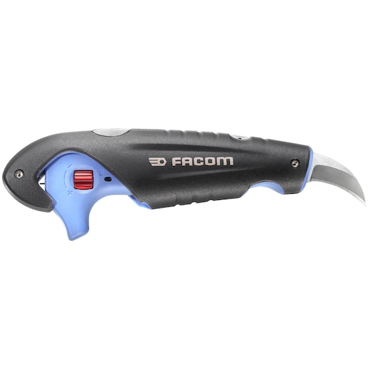 Facom 872271 safety utility knife with curved blade, black and blue handle, side view, white background.
