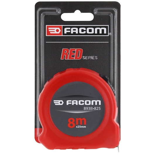 Photo of Facom 893B.825PB measuring tape, red and black, 8m x 25mm, front angle, on packaging.