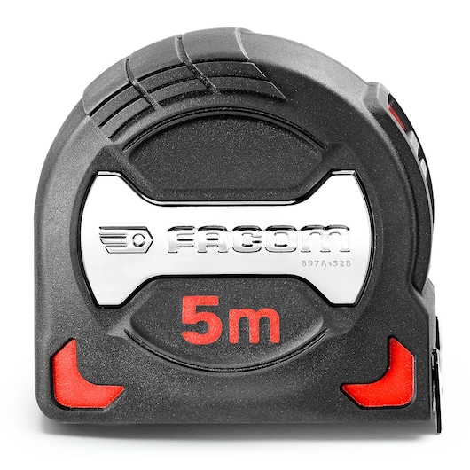 Facom 897A_528 tape measure, 5 meters, black with red accents, front view on white background.