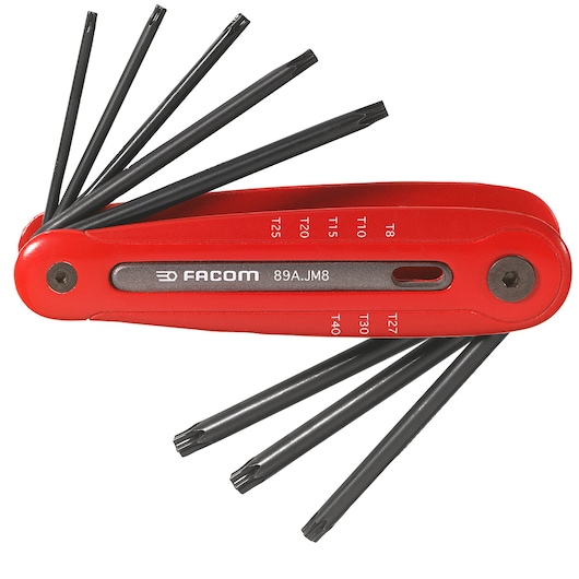Facom 89A_JM8 red folding torx key set with eight black blades, side angle photo.