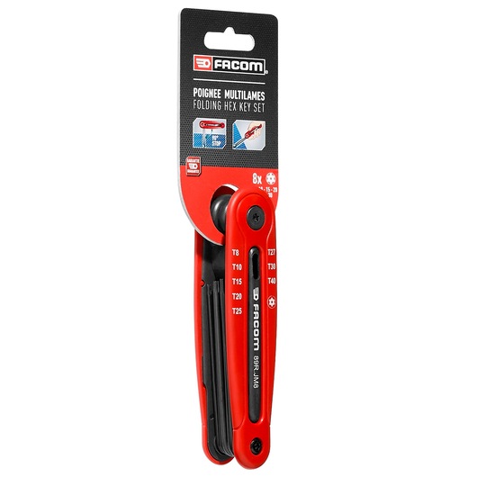 Facom 89R_JM8PB folding hex key set with red handle, 8-piece Torx set in retail packaging, front angle.