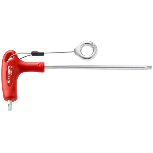 Facom 89TX_10SLS T-handle Torx key with red grip, silver shaft, and attached safety cable, side view.