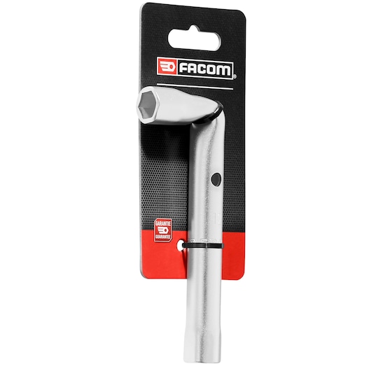 Facom 92A_12PB L-shaped socket wrench, silver finish, front angle, mounted on branded packaging.